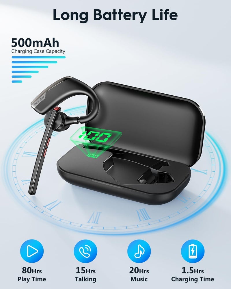 New Bee Bluetooth Headset, Wireless Bluetooth Earpiece for Cellphone with 500mah Charging Case 80h Playtime V5.2 Dual Mic Noise Cancelling Hands-Free Earphones for Office Driver - Image 2